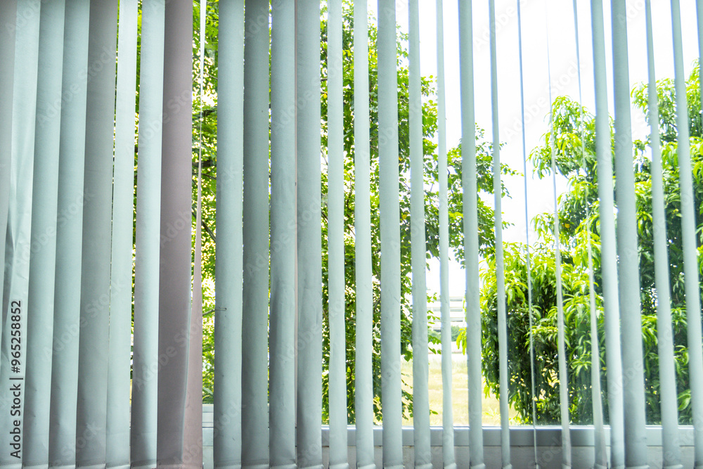 Obraz premium Blinds, curtains on the windows in the office and outside are green plants 