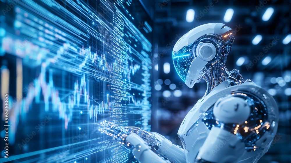 Fototapeta premium Futuristic robot analyzing digital data trends in a high-tech environment, showcasing advanced technology and innovation.