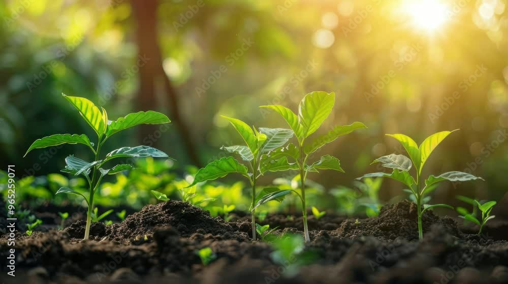 A group of young plants are growing in the dirt A group of young plants are growing in the dirt
