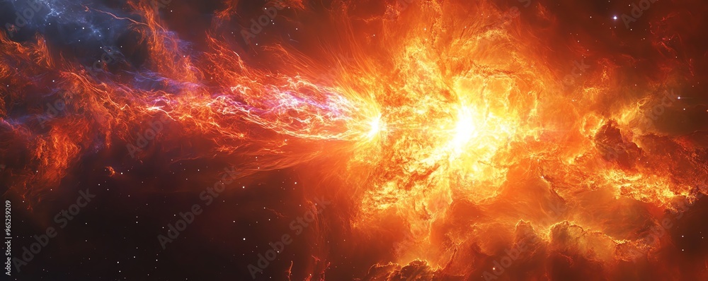 Naklejka premium Supermassive star emitting vibrant solar flares and magnetic waves, stars, stellar phenomena