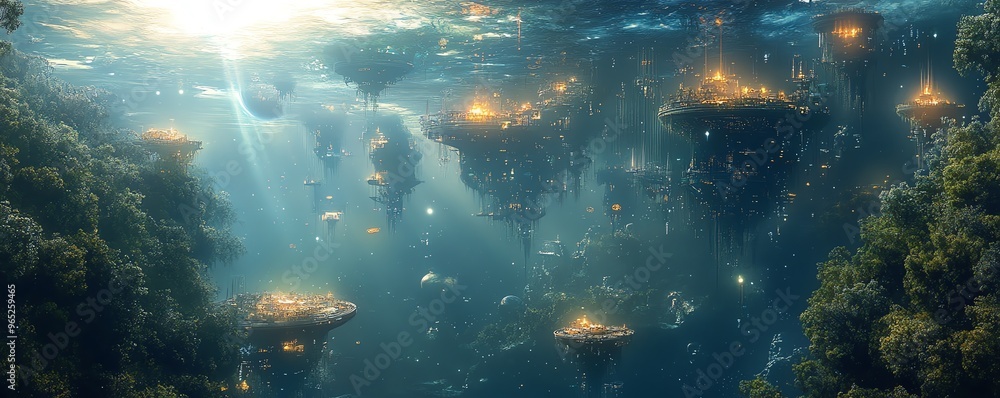 Obraz premium Water planet with floating cities and deepsea alien lifeforms, planets, aquatic extraterrestrial civilization