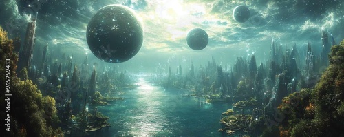 Water planet with floating cities and deepsea alien lifeforms, planets, aquatic extraterrestrial civilization #965259433