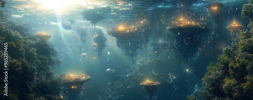 Water planet with floating cities and deepsea alien lifeforms, planets, aquatic extraterrestrial civilization photo