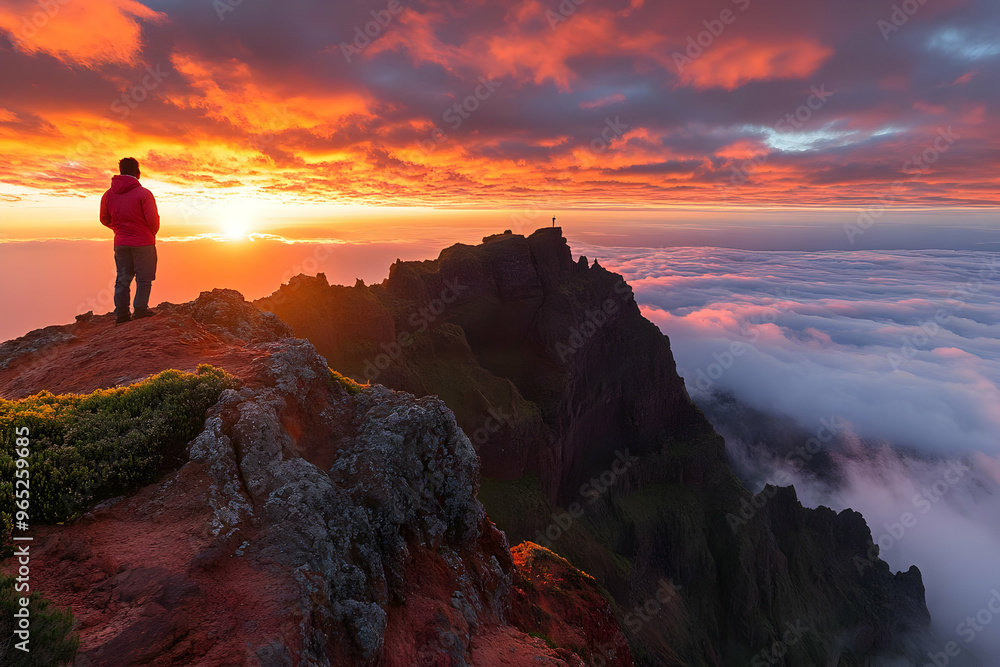 Silhouette of a hiker on a mountain peak during a dramatic sunrise with colorful clouds Silhouette of a hiker on a mountain peak during a dramatic sunrise with colorful clouds