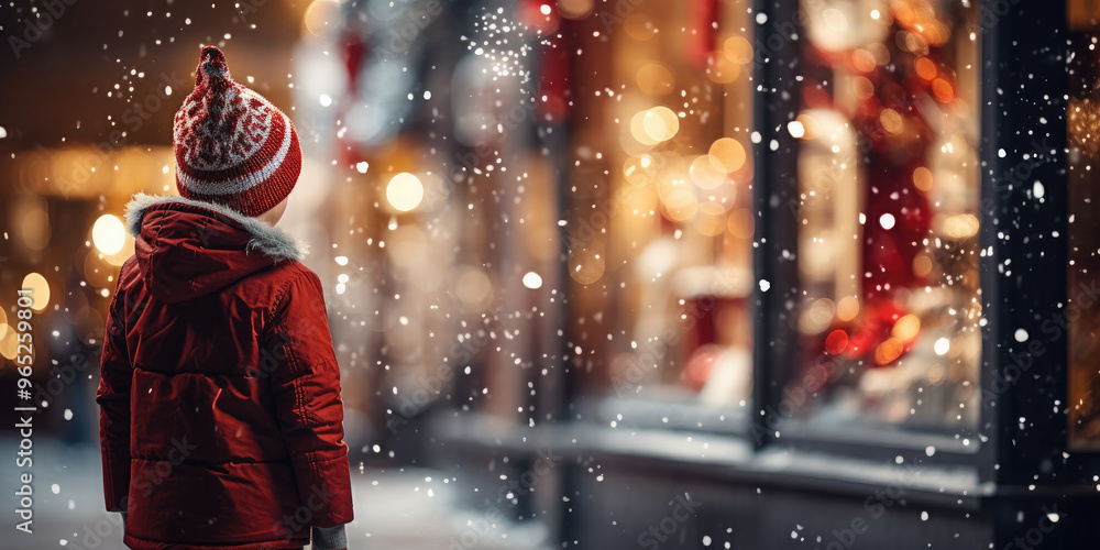 Little boy wearing a santa hat is gazing upat a storefront decorated for christmas as snow falls on a winter evening. Happy New Year and Merry Christmas! Little boy wearing a santa hat is gazing upat a storefront decorated for christmas as snow falls on a winter evening. Happy New Year and Merry Christmas!