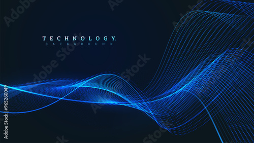 Small particle data waves interspersed with blue curves, futuristic digital technology background. Vector Illustration.