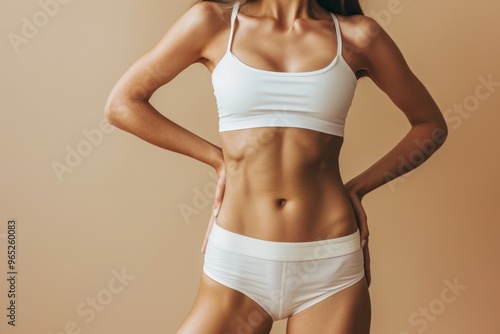 woman's toned midsection against a beige background, wearing a white undergarment or sportswear