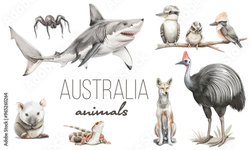 Australia animal and bird watercolor set. Hand drawn kangaroo, koala, kookaburra, echidna, kingfisher, cassowary, eucalyptus branch realistic collection. Astralia wildlife flora and fauna set