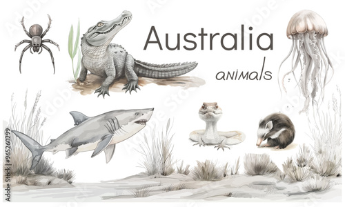 Australia animal and bird watercolor set. Hand drawn kangaroo, koala, kookaburra, echidna, kingfisher, cassowary, eucalyptus branch realistic collection. Astralia wildlife flora and fauna set