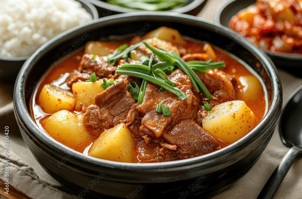 Korean gamjatang, spicy pork bone stew with tender meat and rich broth Korean gamjatang, spicy pork bone stew with tender meat and rich broth