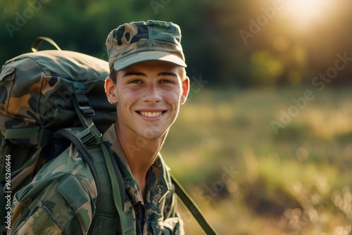 Young male Soldier. A young man soldier with a radiant smile, wearing a military uniform and backpack