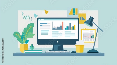 Modern Office Desk with Computer and Data Analysis Charts Illustration