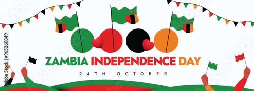 Zambia Independence day. 24th October Independence day of Zambia celebration cover banner, post with its flags, hand holding mini flags. The day recalls Zambia freedom from United Kingdom in 1964.