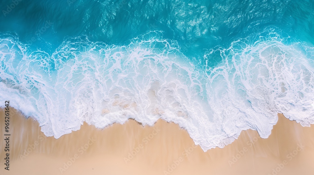 Aerial View of Tropical Ocean Waves Crashing on Sandy Beach