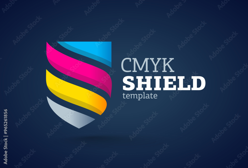 Logo Printing theme CMYK color. Shield and streaks. Template design vector. Black background. Logo Printing theme CMYK color. Shield and streaks. Template design vector. Black background.