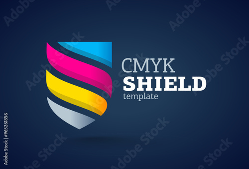 Logo Printing theme CMYK color. Shield and streaks. Template design vector. Black background.