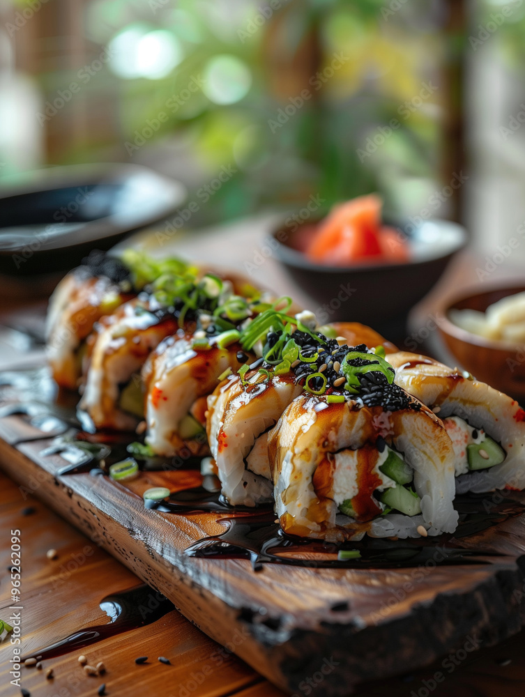 Gourmet Black Dragon sushi with cucumber and avocado on a rustic wooden plate Gourmet Black Dragon sushi with cucumber and avocado on a rustic wooden plate