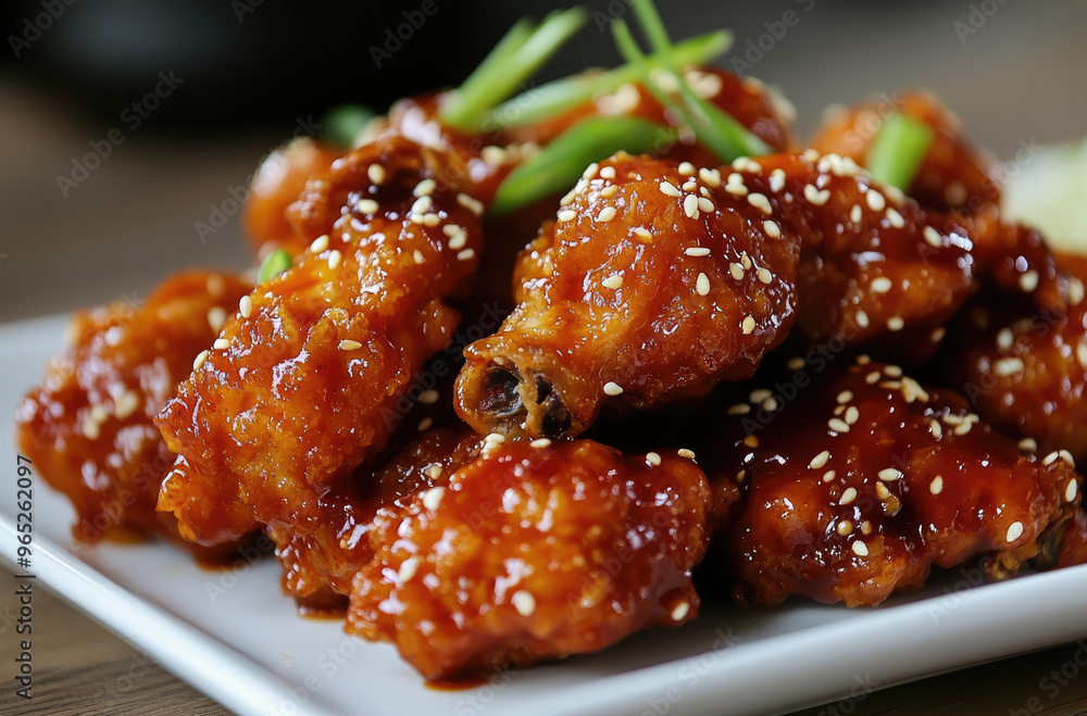 Korean yangnyeom chicken, crispy fried chicken coated in a sweet and spicy sauce Korean yangnyeom chicken, crispy fried chicken coated in a sweet and spicy sauce