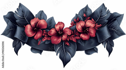 Blue Ribbon With Red Flowers And Tropical Leaves