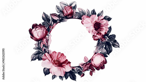 Floral Wreath with Pink Roses and Blue Leaves