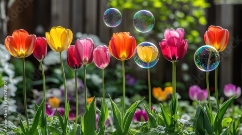 Colorful tulips floating soap bubbles in vibrant spring garden