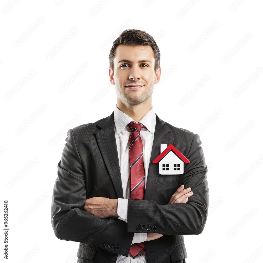 Confident real estate agent standing with arms crossed, showcasing expertise in property management and sales during a professional session Confident real estate agent standing with arms crossed, showcasing expertise in property management and sales during a professional session