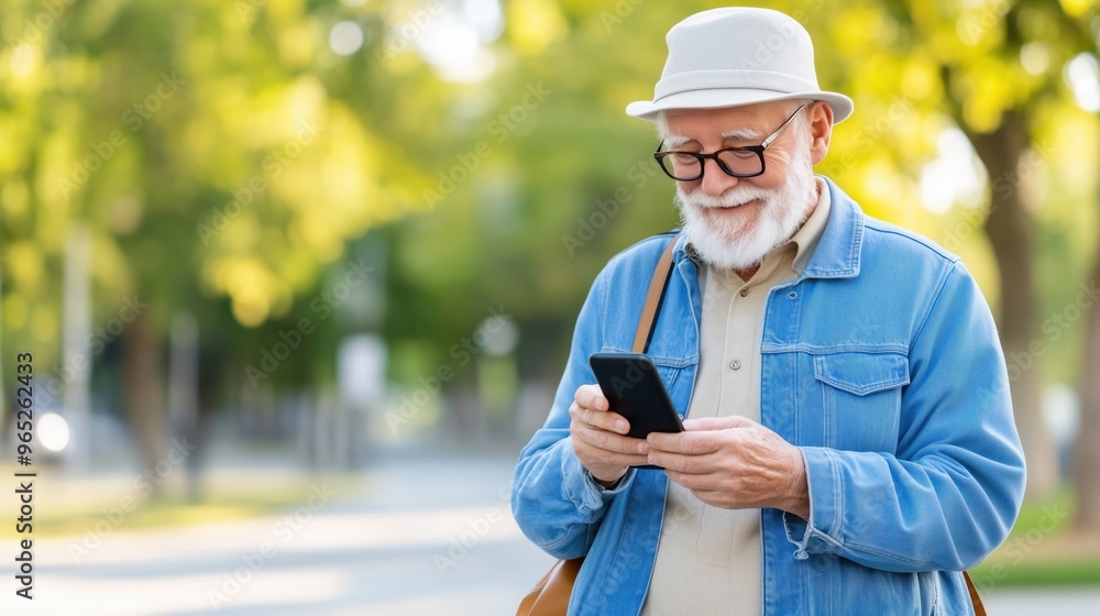 Senior man in a denim jacket and hat smiling at his smartphone while strolling outdoors on a sunny day. Senior man in a denim jacket and hat smiling at his smartphone while strolling outdoors on a sunny day.