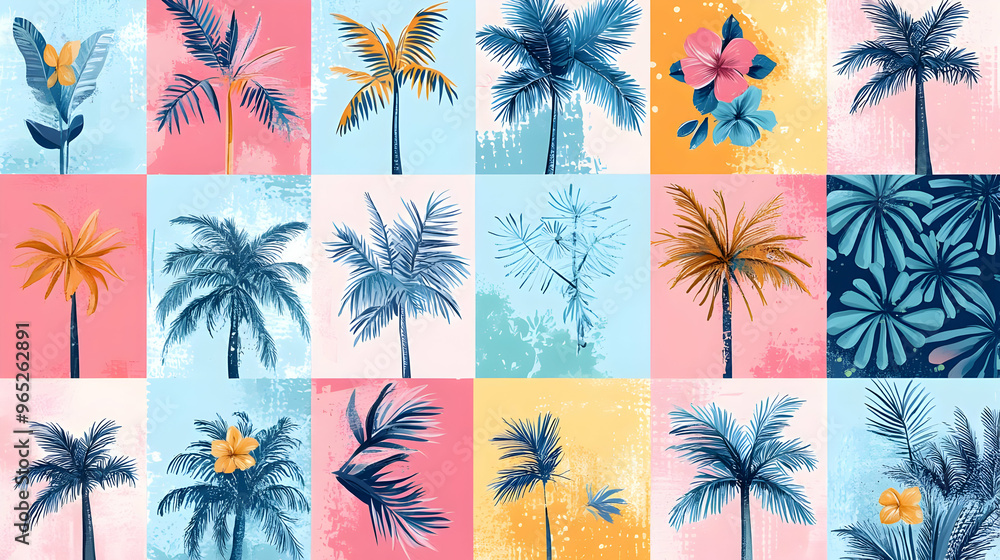 Tropical Palm Trees Pattern Collage Summer Beach Print Design Tropical Palm Trees Pattern Collage Summer Beach Print Design