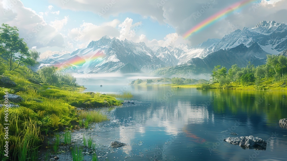 Naklejka premium Landscape with Rainbow 8K Realistic Lighting Highly Detailed