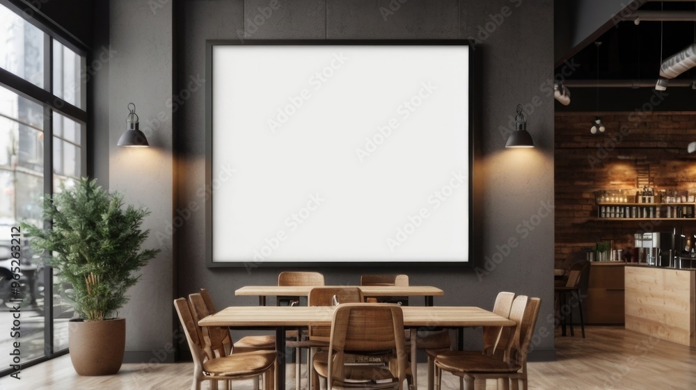 Blank white screen mockup on the wall in the cafe Blank white screen mockup on the wall in the cafe