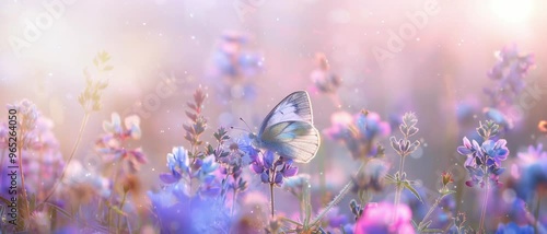 A butterfly is flying in a field of flowers. The image has a serene and peaceful mood, with the butterfly being the focal point of the scene. The flowers are scattered throughout the field