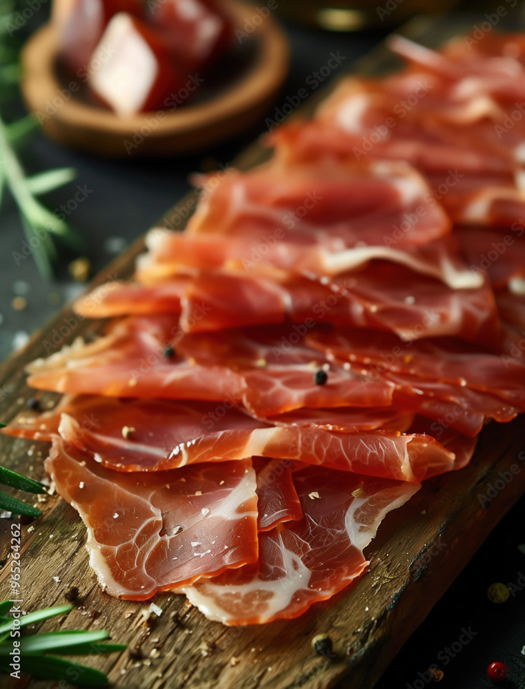 Rustic display of sliced Jamon Iberico with rosemary on a dark background Rustic display of sliced Jamon Iberico with rosemary on a dark background