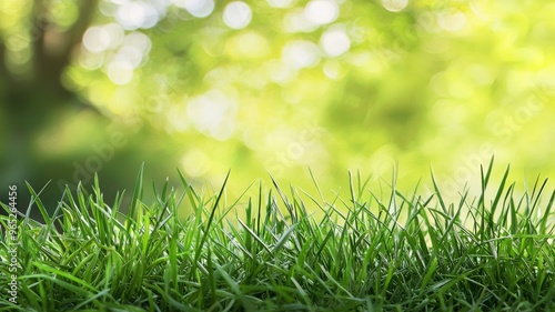 close up of green grass with blurred garden background - ai