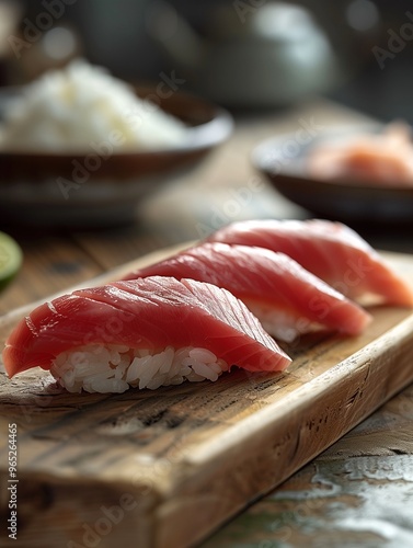 Chutoro Nigiri sushi on plate with natural light and decorative background