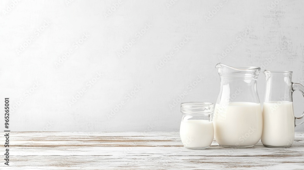 Fresh dairy milk in glass containers on wooden table Fresh dairy milk in glass containers on wooden table