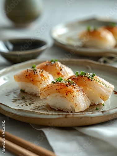 Hokkigai Nigiri, surf clam sushi on rice, traditional Japanese sushi on ceramic plate, close up photo with light background photo