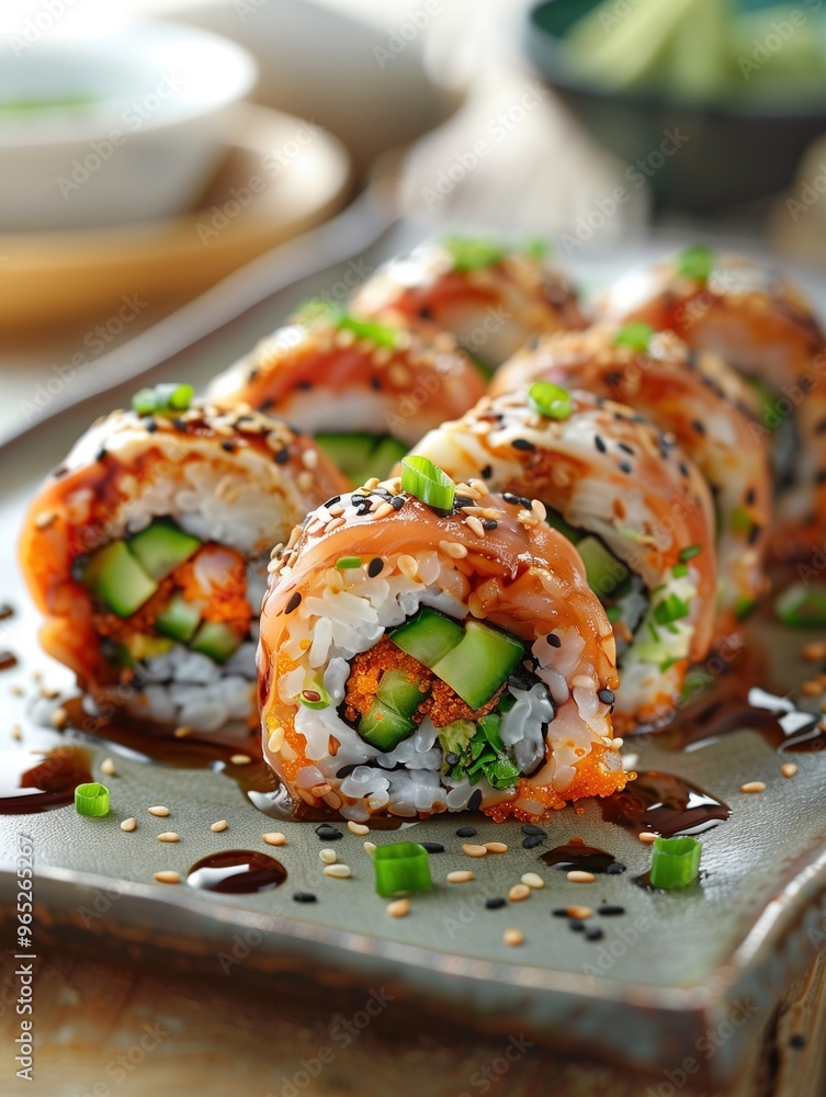 Japanese sushi Dragon Roll with eel, cucumber, and avocado topped with unagi sauce on a light background Japanese sushi Dragon Roll with eel, cucumber, and avocado topped with unagi sauce on a light background