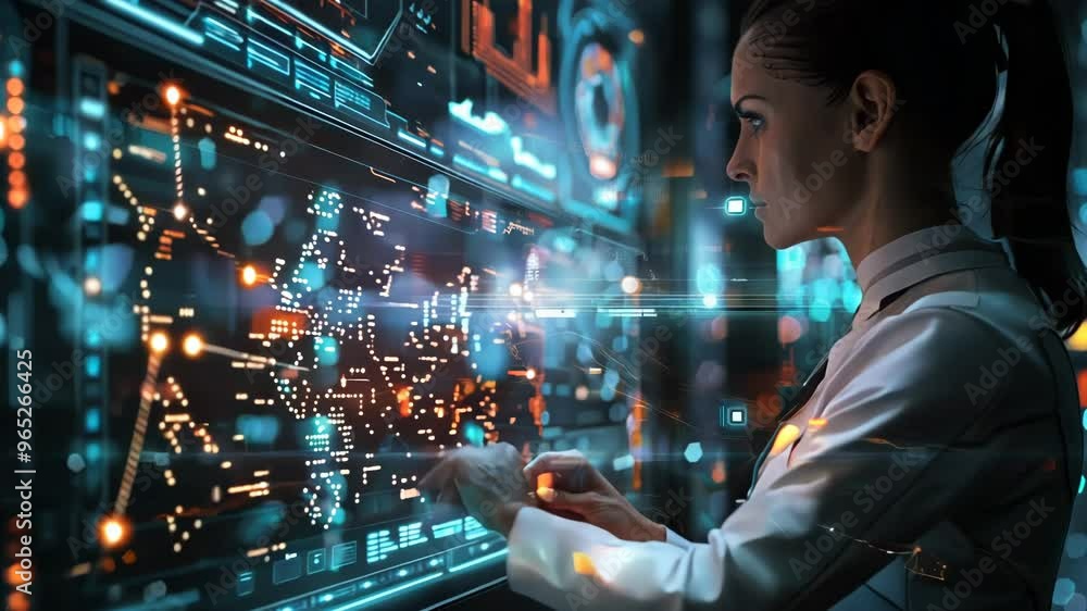 A woman is working in cybernetic analysis on large screens A woman is working in cybernetic analysis on large screens