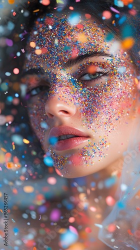 Close-up of Woman's Face Covered in Colorful Glitter with Confetti in the Air photo