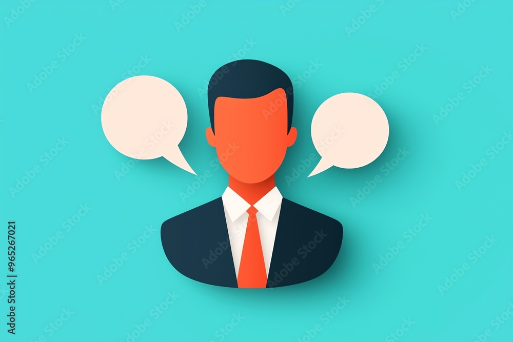 Illustration of a business professional communicating with speech bubbles on a teal background, symbolizing dialogue and conversation. Illustration of a business professional communicating with speech bubbles on a teal background, symbolizing dialogue and conversation.
