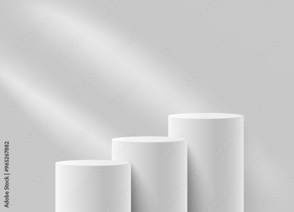 Cylindrical white matte podiums. Background with rays of light to demonstrate the product. Cylindrical white matte podiums. Background with rays of light to demonstrate the product.
