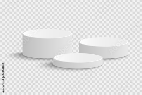 Cylindrical podium of different sizes, round podium, stage. Vector 3D podium isolated on transparent background