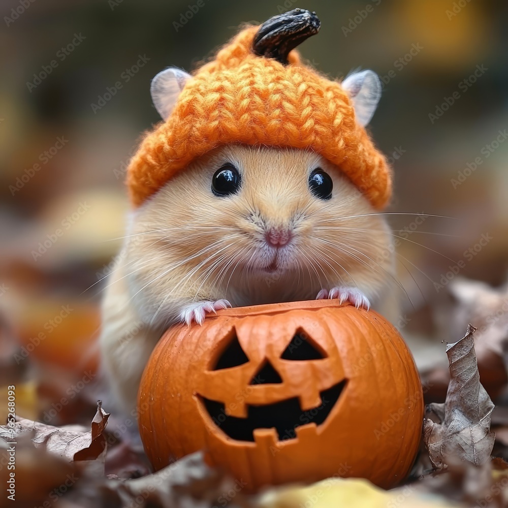 Fototapeta premium Hamster wearing a tiny pumpkin hat next to a jackolantern, pumpkin hamster, cute Halloween rodent