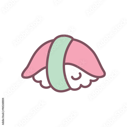 Cute sushi icon. Hand drawn illustration of a salmon sushi nigiri isolated on a white background. Kawaii sticker. Vector 10 EPS.