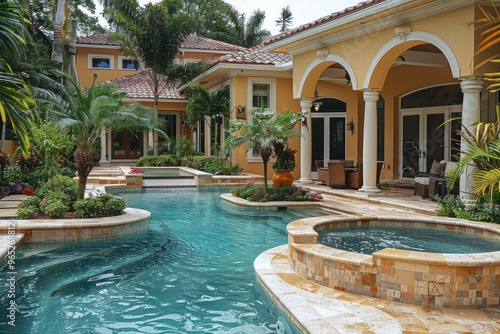 Professional photo of a beautiful pool and spa in the backyard of a light yellow house with white accents, featuring low tan stone pavers, lush tropical landscaping, palm trees, 