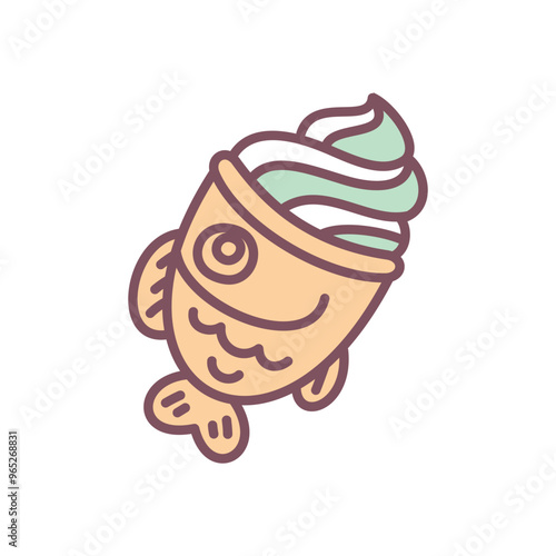 Cute taiyaki ice-cream icon. Hand drawn illustration of a fish-shaped dessert isolated on a white background. Japanese street food. Kawaii sticker. Vector 10 EPS.