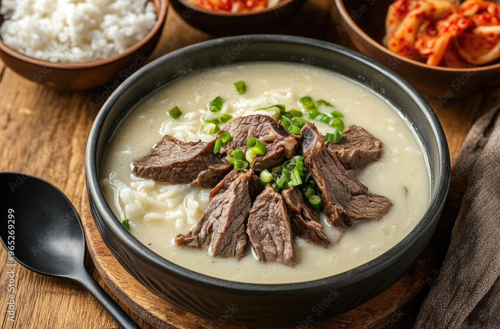 A hearty bowl of seolleongtang Korean ox bone soup in a traditional setting A hearty bowl of seolleongtang Korean ox bone soup in a traditional setting