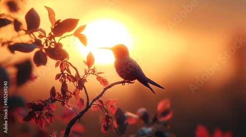 A hummingbird silhouetted against a sunrise, with the warm light highlighting its delicate form in a breathtaking 4K image photo