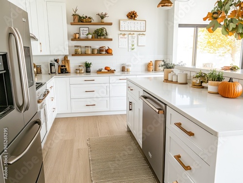 Minimalist autumn kitchen with copper accents and seasonal decor photo