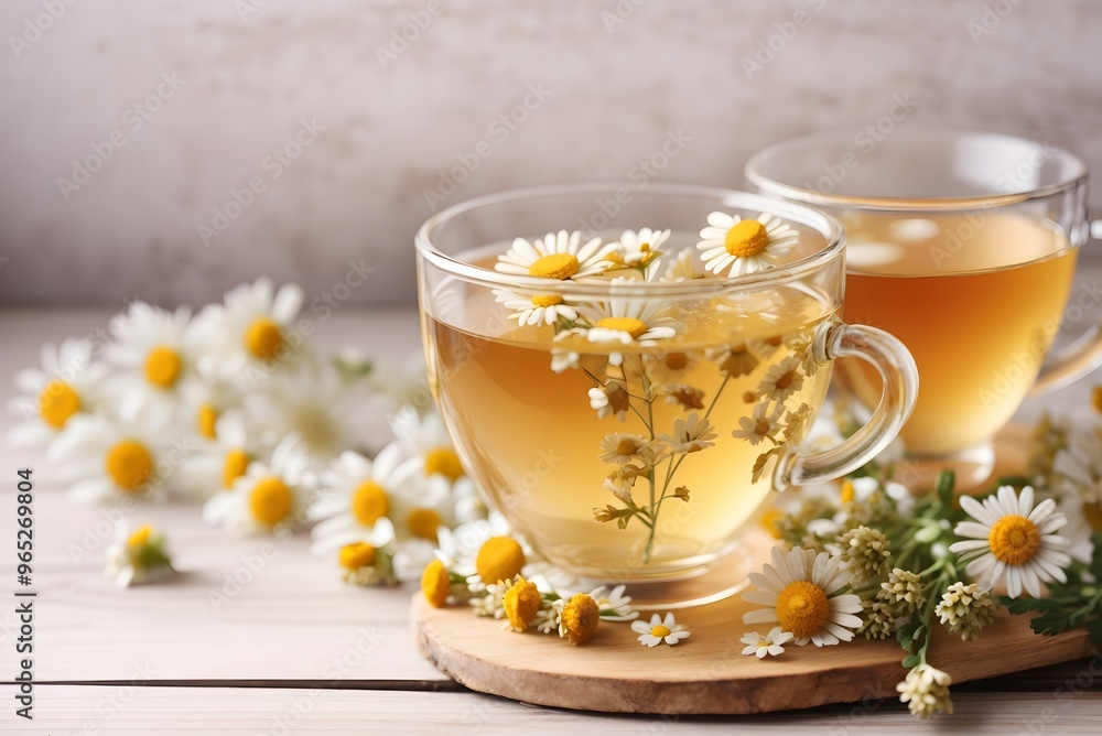 Herbal tea with chamomile flowers on rustic wooden surface
Herbal tea with chamomile flowers on rustic wooden surface